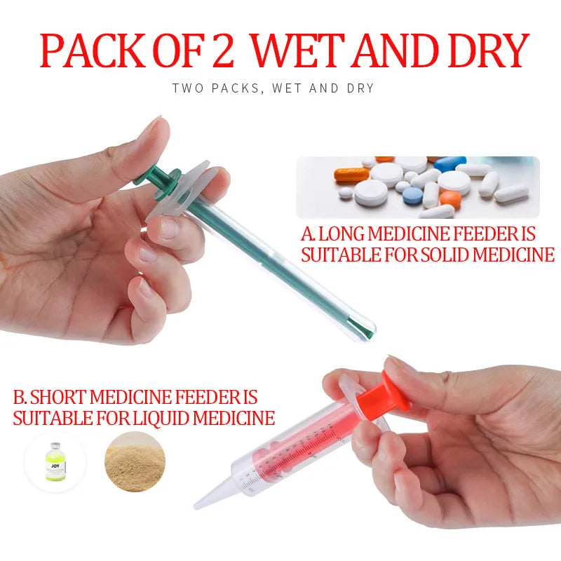 Two pet pill shooters with soft silicone tips in different sizes for cat and dog medication