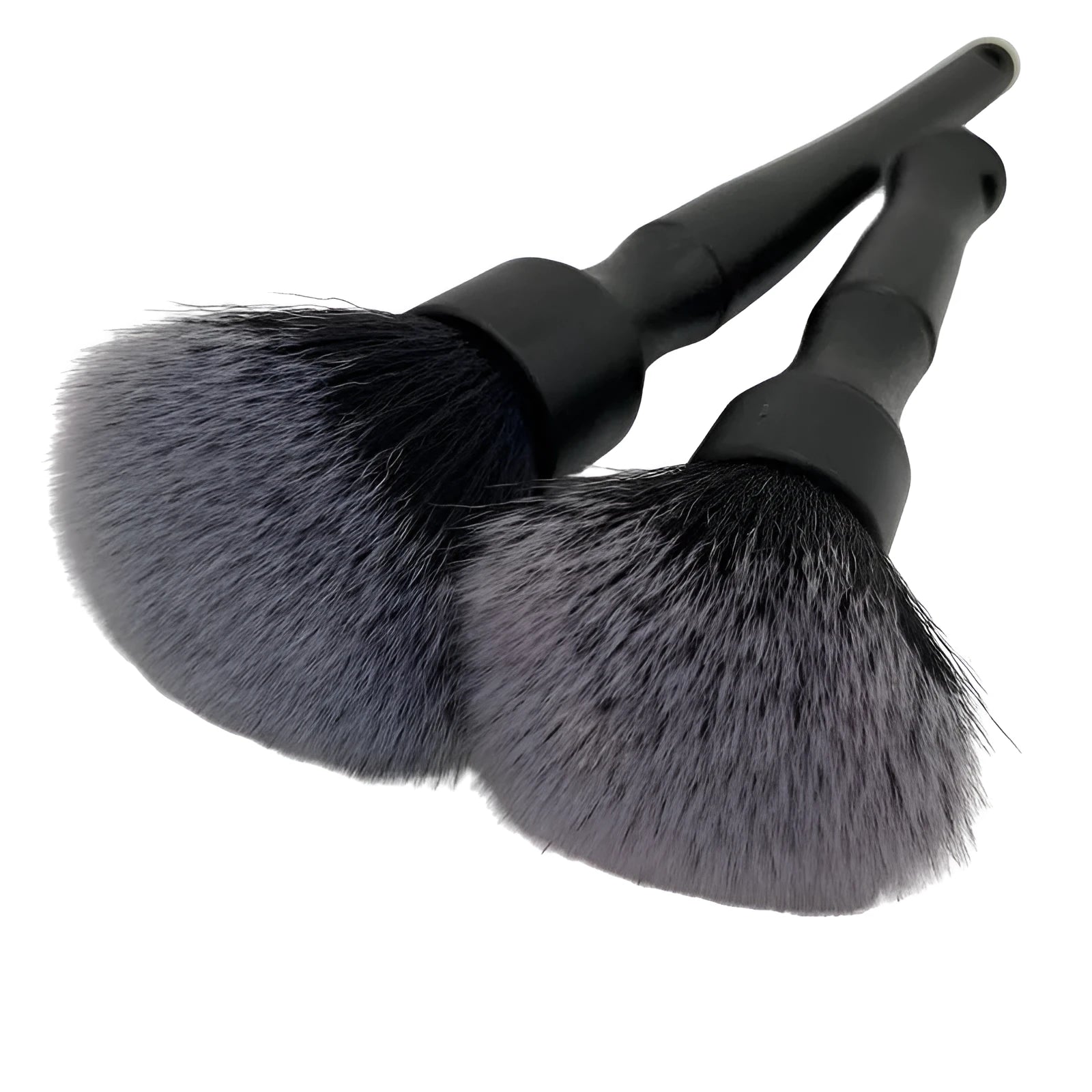 Black car detailing brush with soft pig hair bristles on a PP plastic handle, shown in large and small sizes.