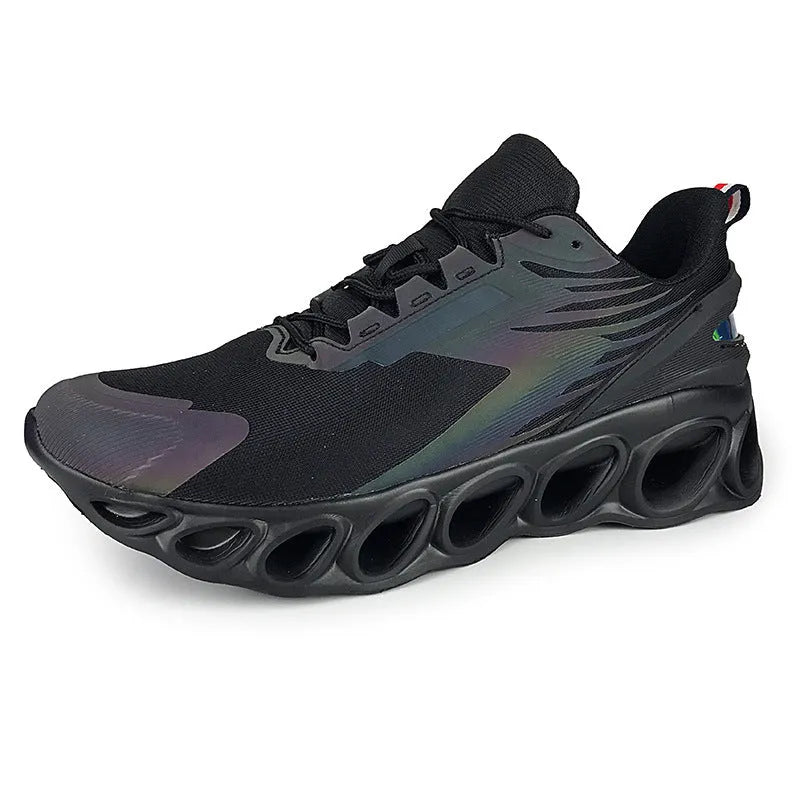 Men's black breathable mesh casual lace-up trainers with a round toe and flat EVA sole.