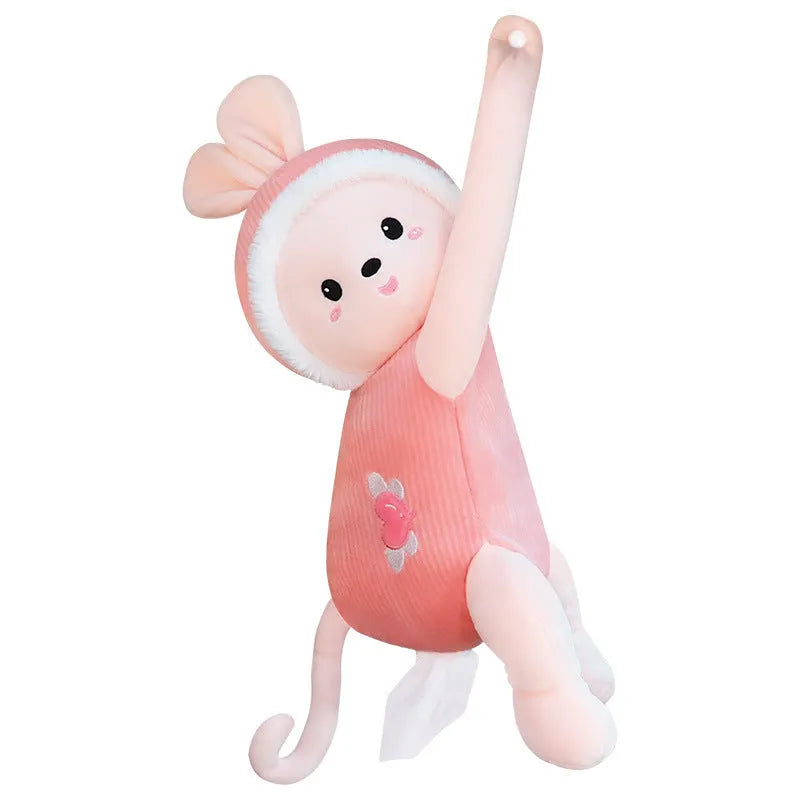 Plush car seat tissue holder with strap attached to vehicle seat back in animal design