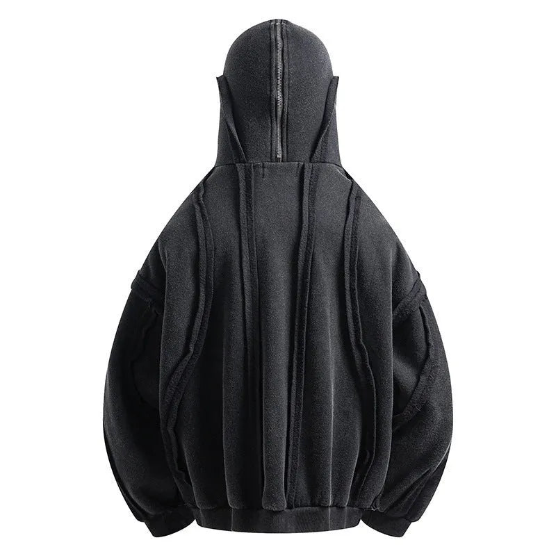 Black retro loose zip hooded padded coat with an abstract pattern