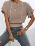 Twisted string design knitted pullover sweater with ruffle short sleeves in loose Japanese Korean casual style