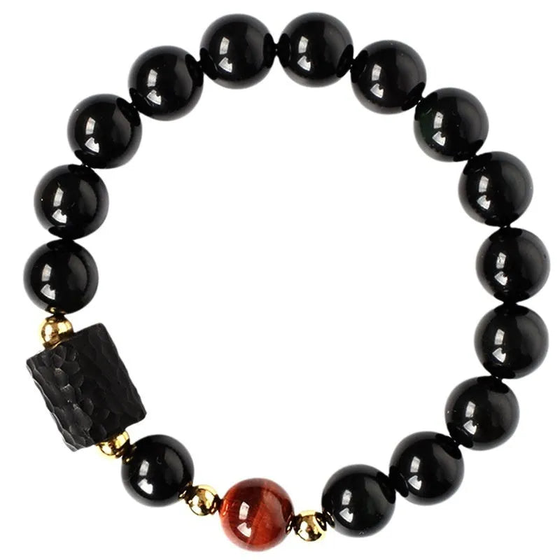Handmade obsidian bracelet with 10mm tiger eye agate beads in unisex design