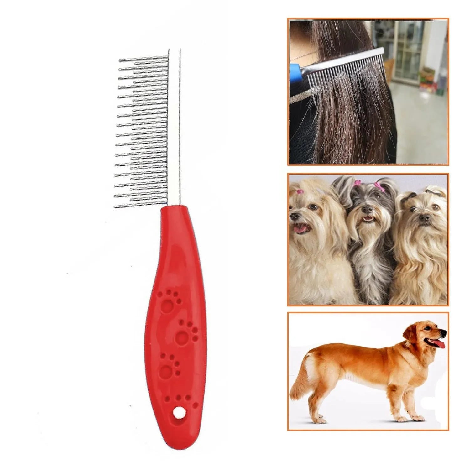 Red plastic handle pet grooming comb with two rows of stainless steel teeth, long and short, for detangling