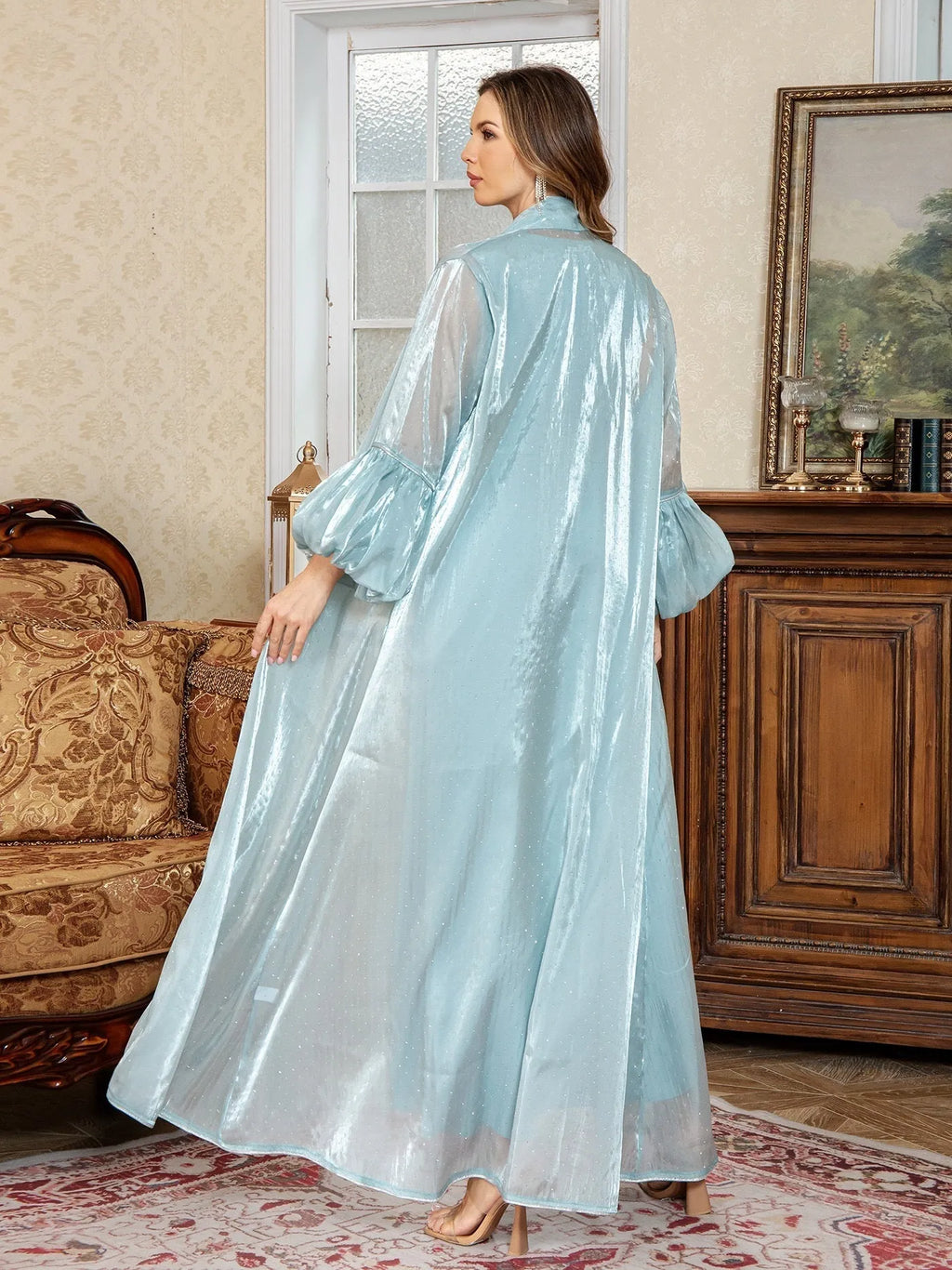 Brown Dubai Arabic two-piece dress set with rhinestone detail on long sleeve top and matching long skirt