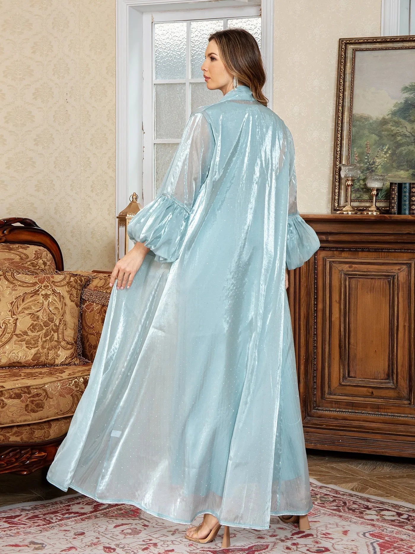 Brown Dubai Arabic two-piece dress set with rhinestone detail on long sleeve top and matching long skirt