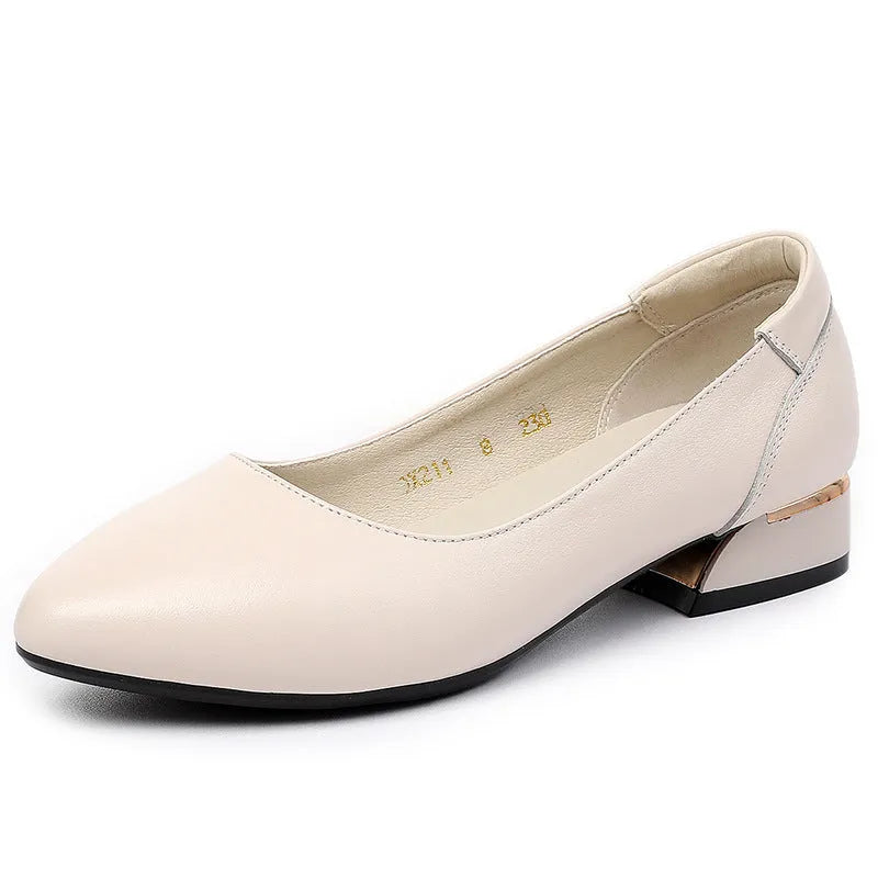 Beige women's pointed-toe flat shoes with a buckle, made from cowhide leather with a rubber sole.