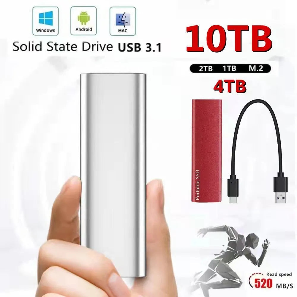External SSD portable storage drive with ultra-thin metal shell in red, black, blue, and silver colour options