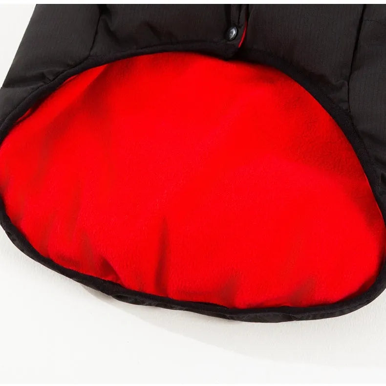 Thick cotton-padded dog vest for large breeds with zipper pocket and red border trim on a Golden Retriever