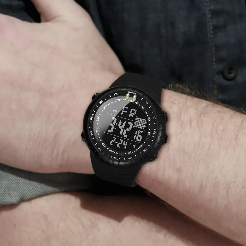 Black mens outdoor electronic watch with plastic case and PU strap showing 54.74mm dial