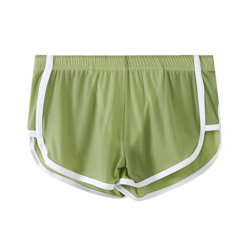 Men's ice silk boxer shorts in multiple colours showing low-waist mesh sports design.