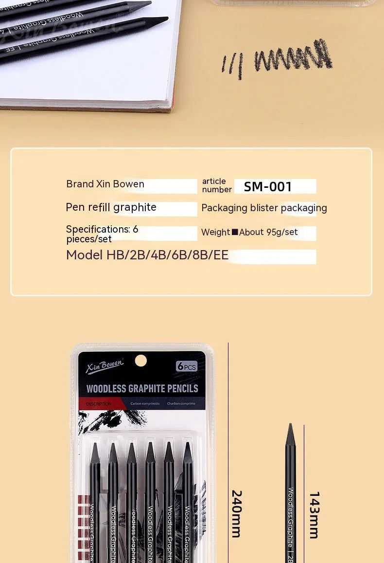 Set of six wood-free graphite sketching pencils with grades HB 2B 4B 6B 8B EE for art.