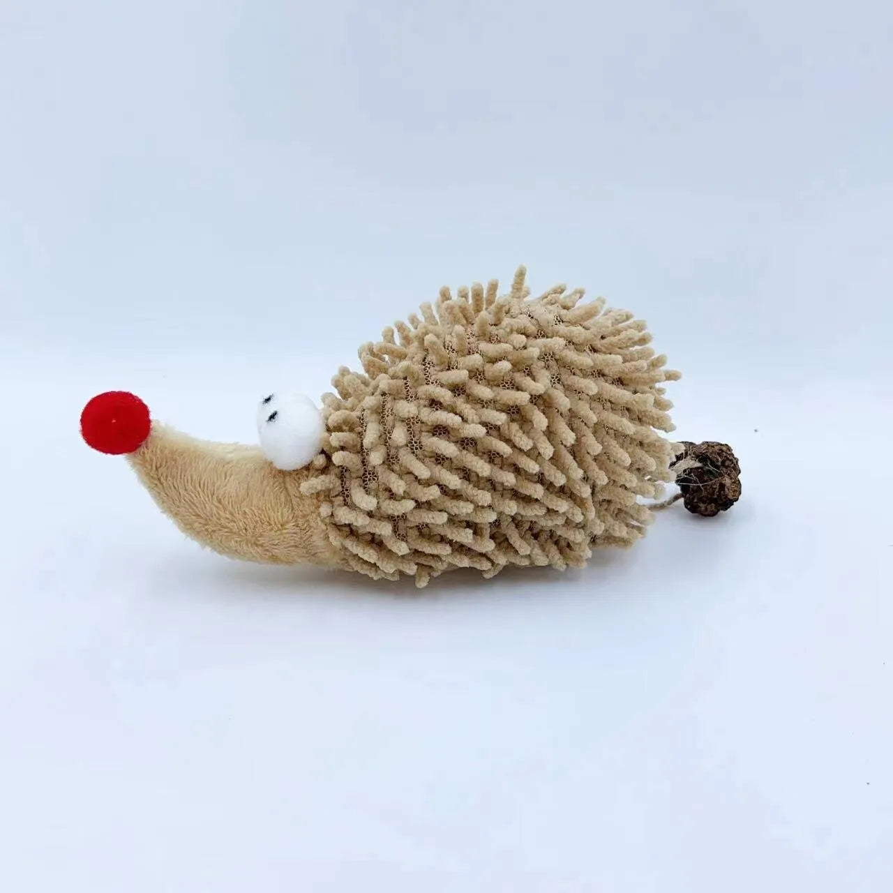 Cute plush cartoon hedgehog cat toy in khaki, made from chenille with catnip for nibbling play