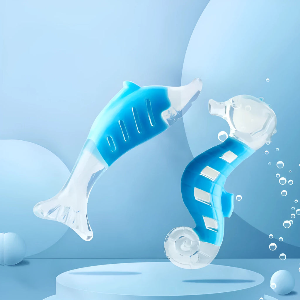 Two colourful PU nylon dog chew toys: a blue seahorse and an orange tuna.