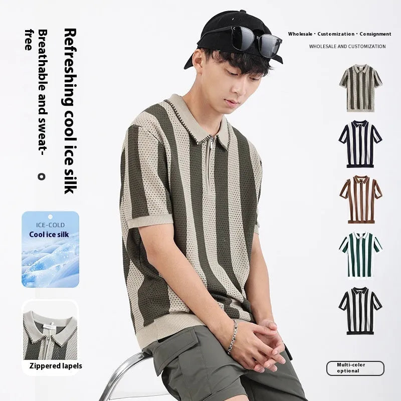 Men's short sleeve ice silk viscose sweater with stripe pattern and zipper decorations in multiple colour options
