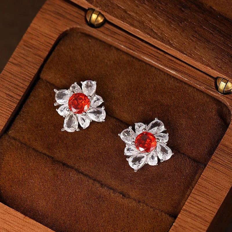 Retro women's silver earrings with pigeon red geometric design and white gold electroplated finish