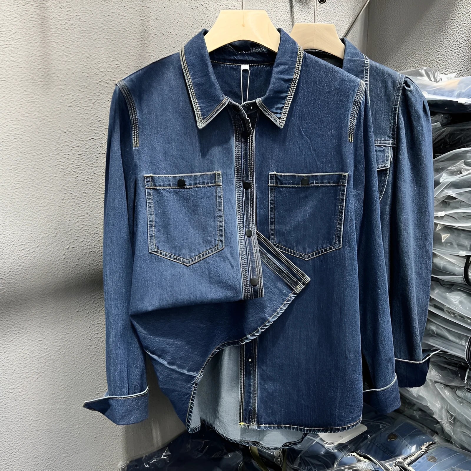 Layered retro denim-style long sleeve top for women in picture colour, polyester fabric, casual fashion top