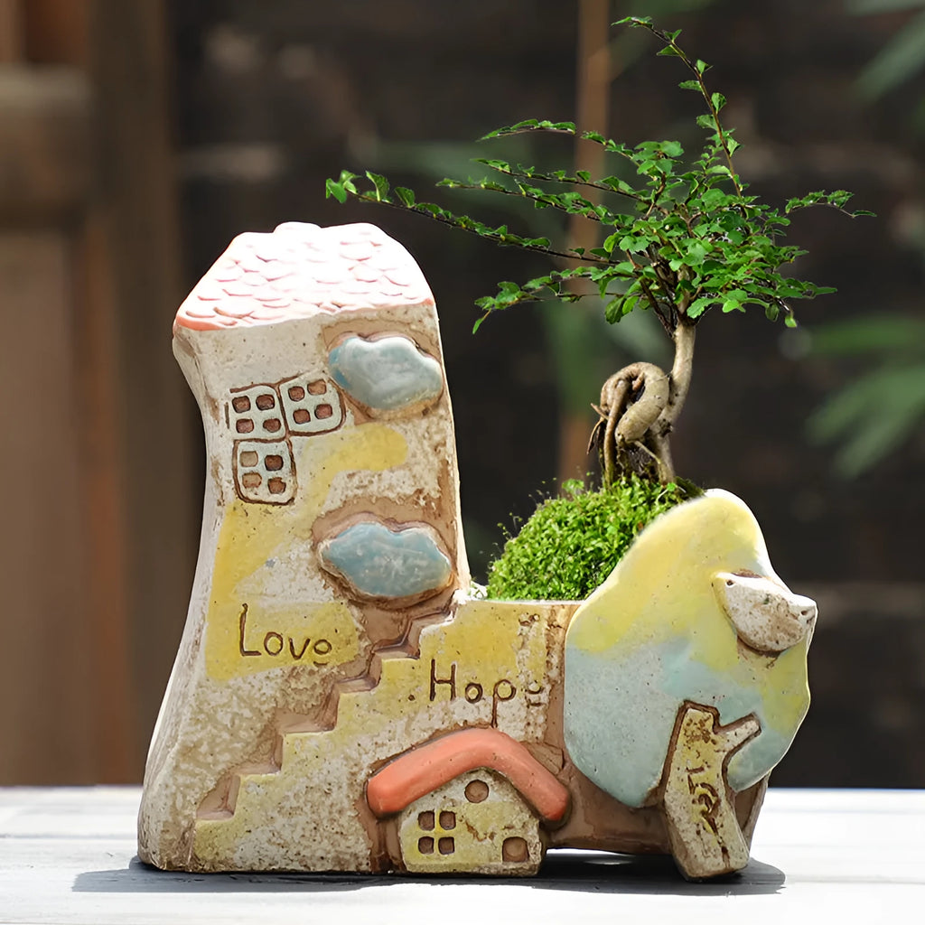 Large calibre ceramic flower pot with hand-painted cute pastoral design on a white background.