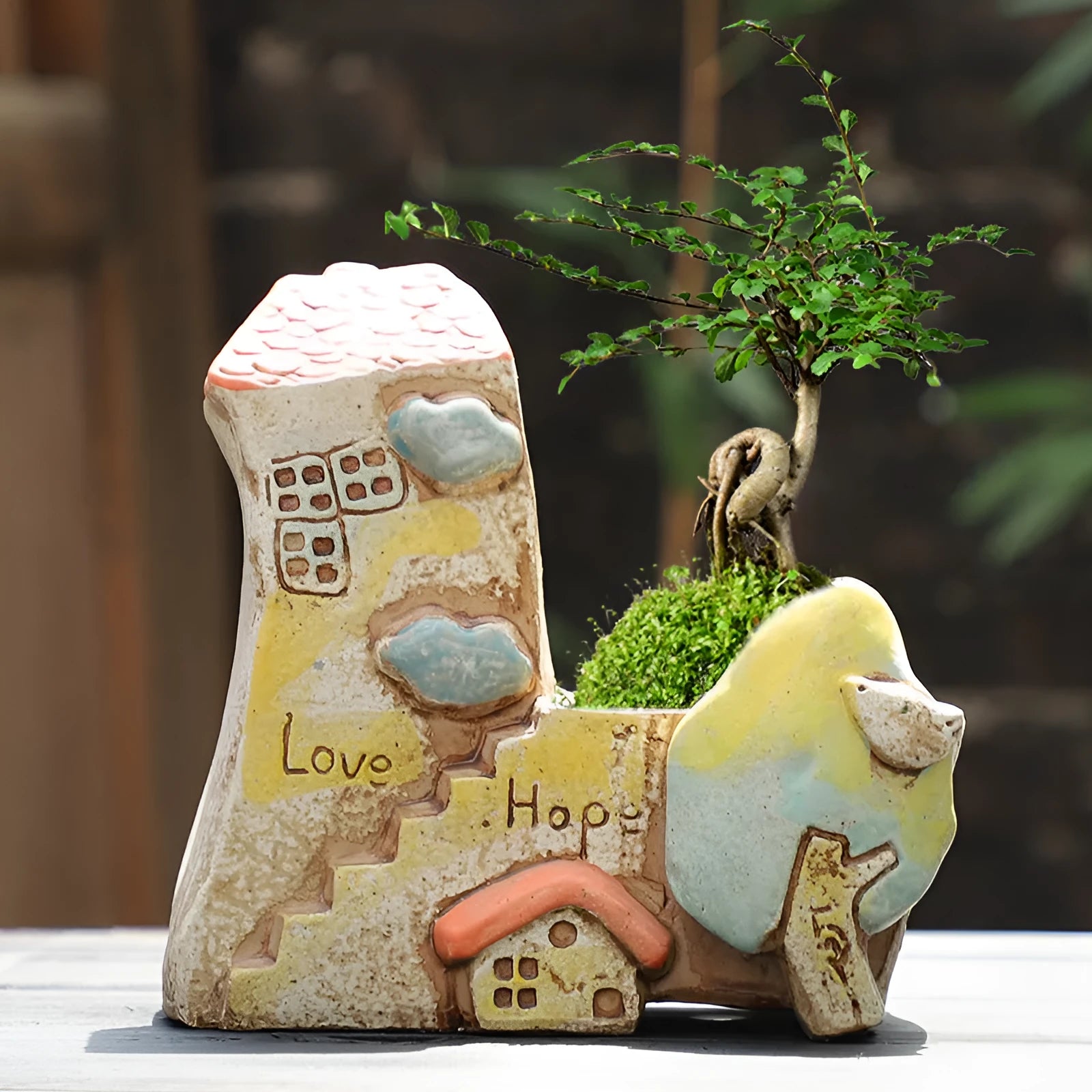 Large calibre ceramic flower pot with hand-painted cute pastoral design on a white background.