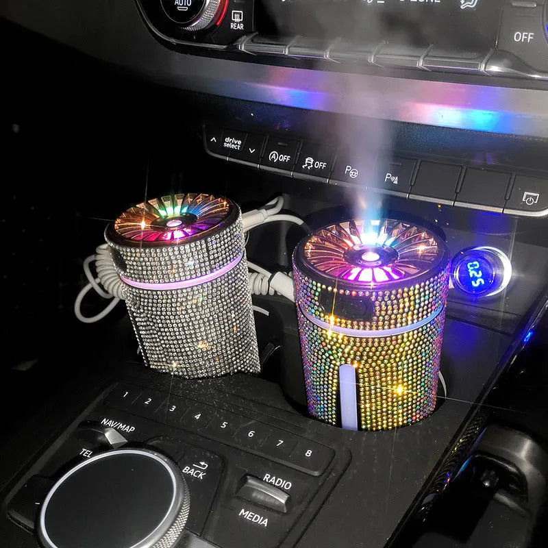 Colourful diamond-style car humidifier with LED lights on a car dashboard