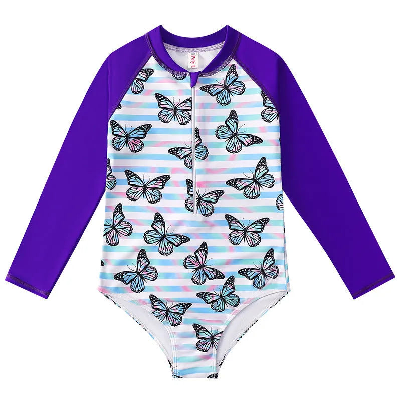 Girl's long-sleeve one-piece swimming suit in polyester briefs style