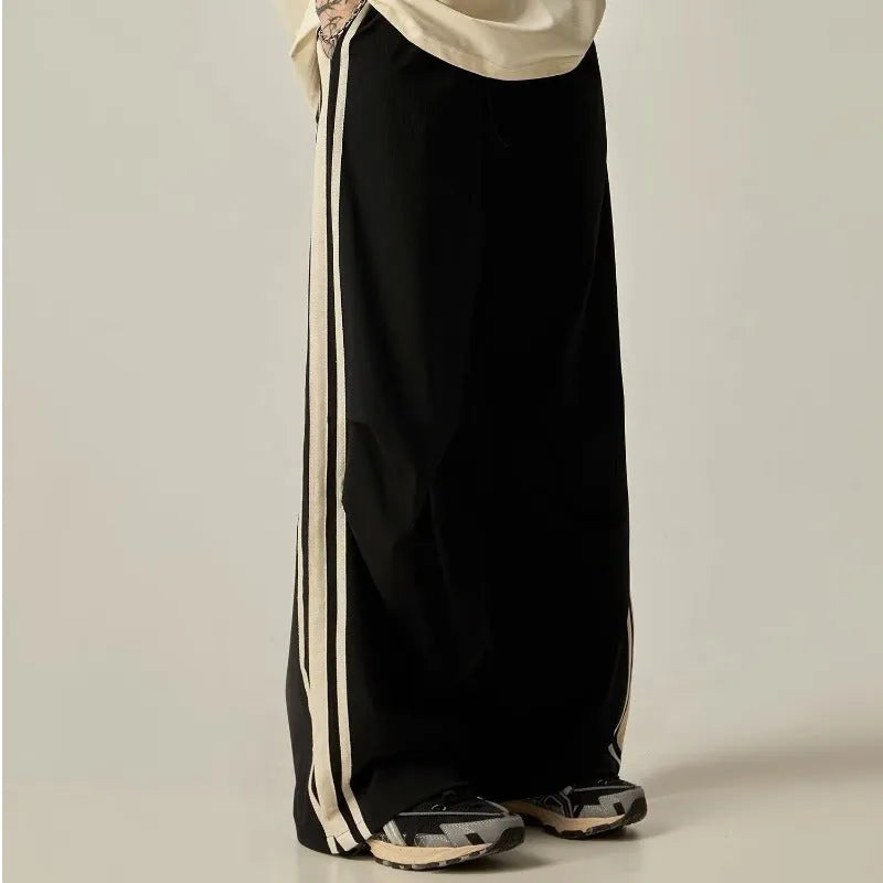Black men's wide leg climbing pants with high waist and straight cut design