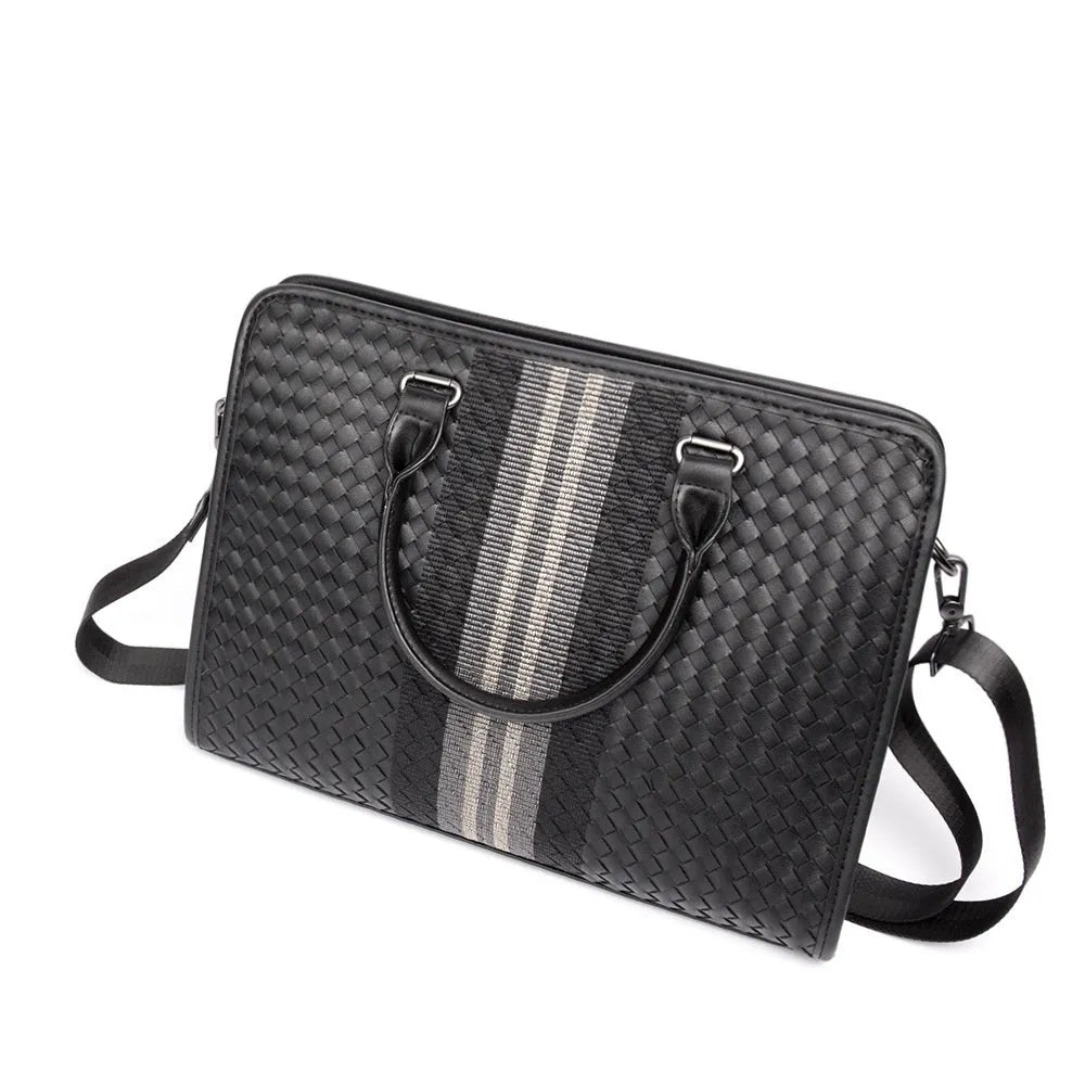 Men's stitching woven business casual briefcase in black PU leather with shoulder strap, solid colour design