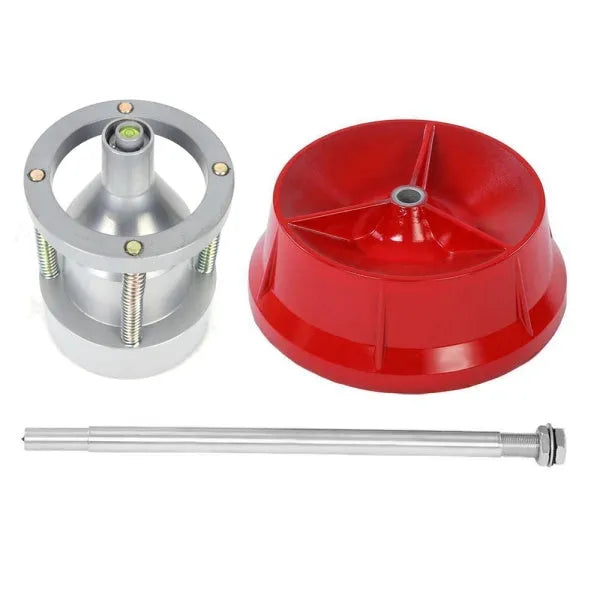 Portable hub balancer with aluminium head for car wheels showing bull's eye level and enamel-finished base