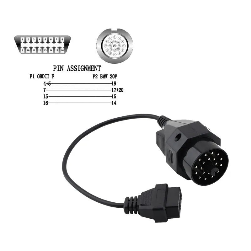 BMW 20-pin to OBD2 16-pin diagnostic adapter cable connector on a white background