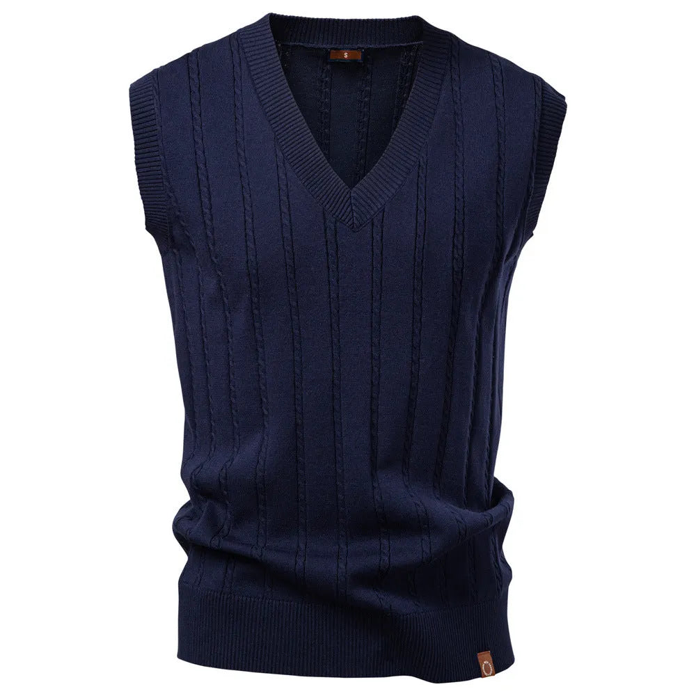 Men's European size V-neck twist sweater vest in dark blue, slim fit, viscose blend
