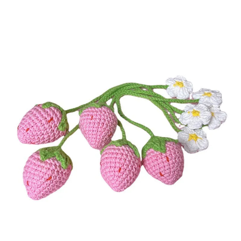 Handmade wool crochet woven strawberry pendant on 35cm cord in pink colour option
