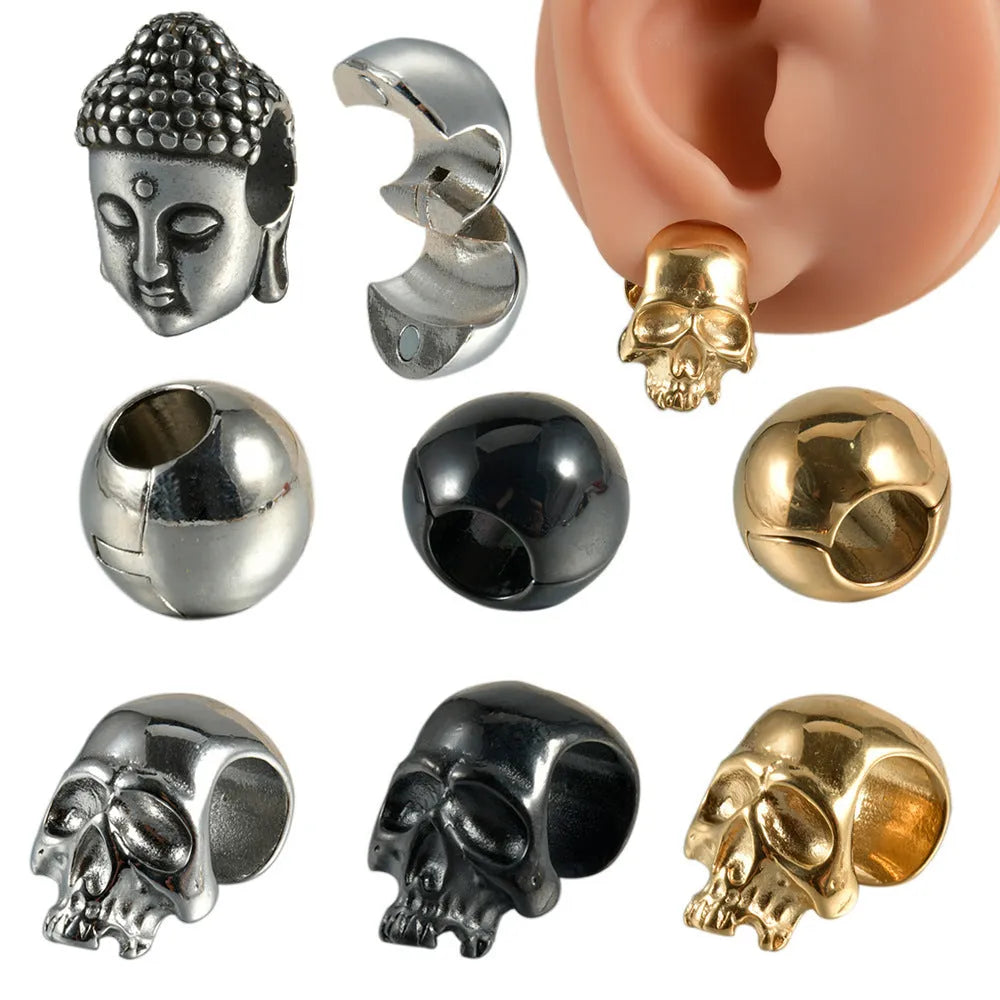 Stainless steel hollow skull Buddha earrings in hip hop style with geometric shape.