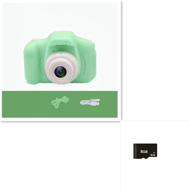 X2 HD mini cartoon kids digital camera in silicone body with 2-inch screen and lanyard.