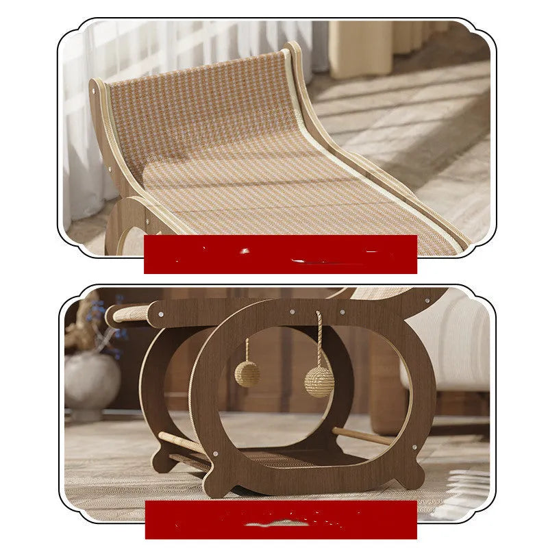 Solid wood cat scratching bed with sisal mat and recliner in wood or walnut colour.