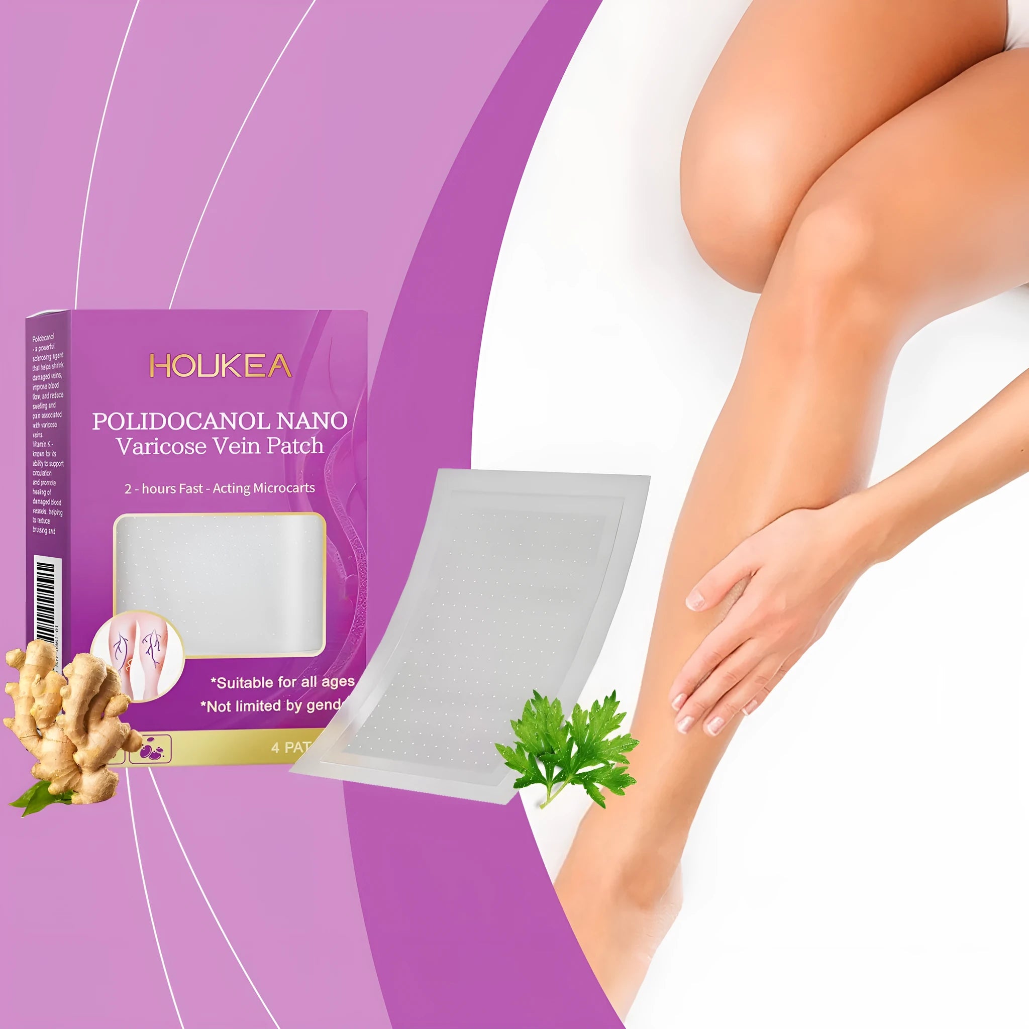 Four micro needle patches with moxa leaf and ginger root extracts in square 50mm format