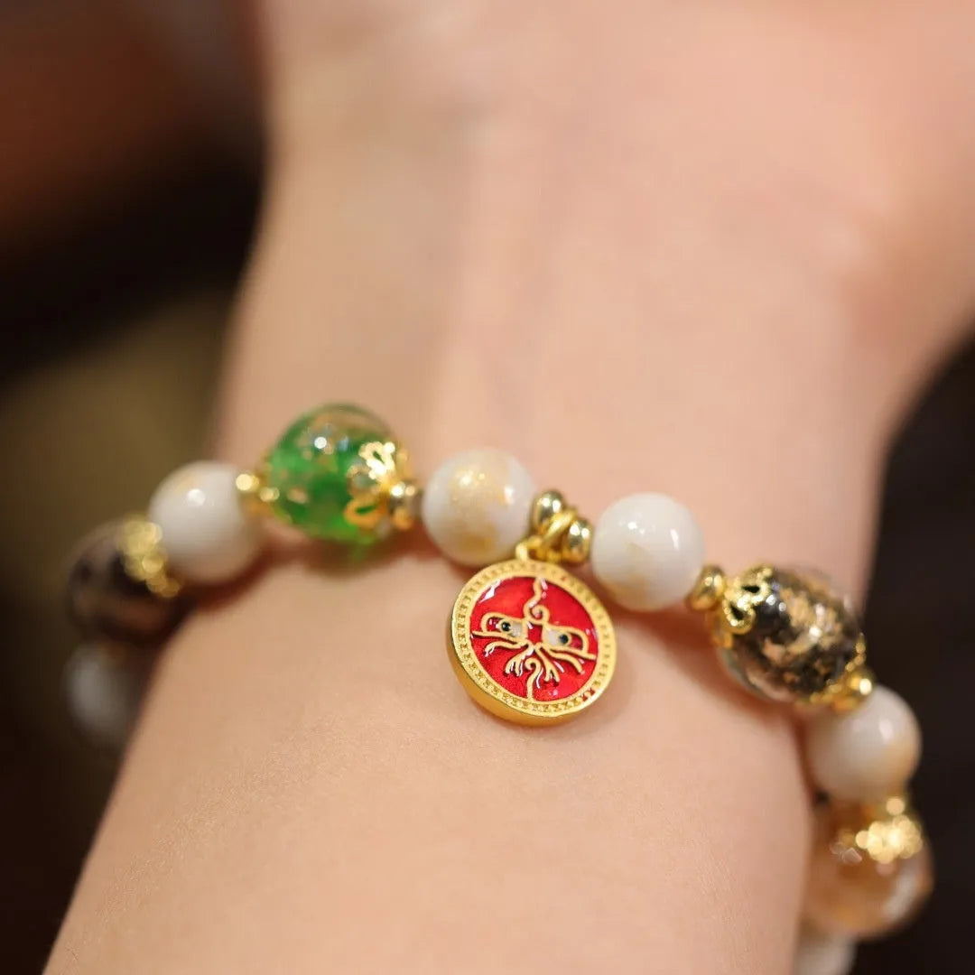 Handmade fragrant gray porcelain glaze bracelet with Five Gods of Wealth motif and geometric 10mm glass beads