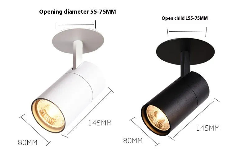 Black and white aluminium cylinder LED spotlight for recessed installation in 55-75mm openings