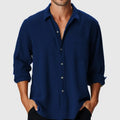 Men's loose fit polyester beach shirt with a stand collar on a model.