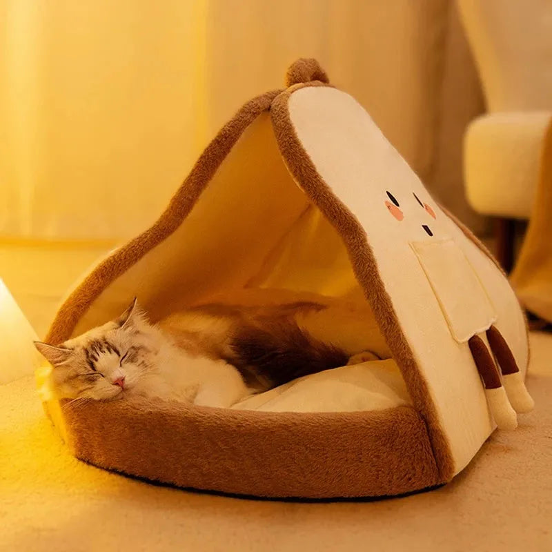 Green enclosed cat tent bed with removable blanket for winter sleeping