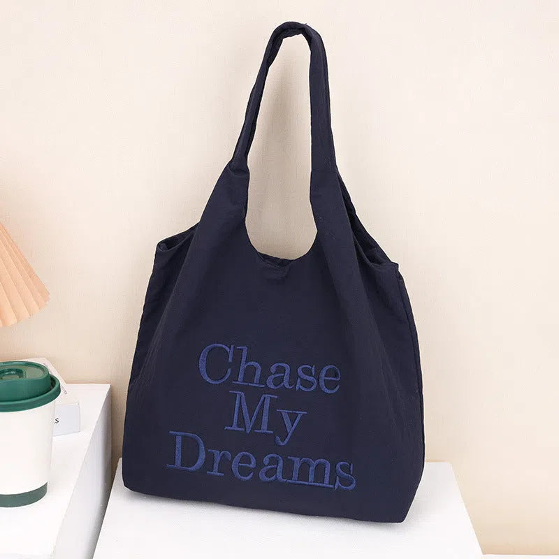 Korean-style 3D letter nylon shoulder bag with minimalist embroidery in horizontal rectangular shape, double straps, available in multiple colours