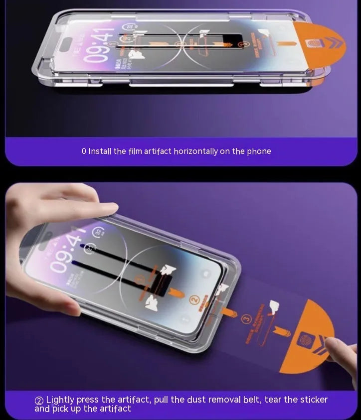 iPhone tempered glass screen protector with dust-free application kit on a table.