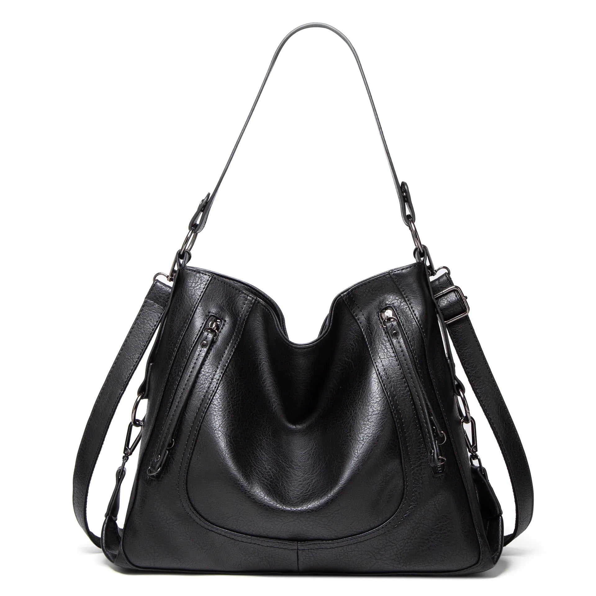 Fashion large capacity PU tote bag in beige with sewing line detail, sandwich pocket, and single shoulder strap.