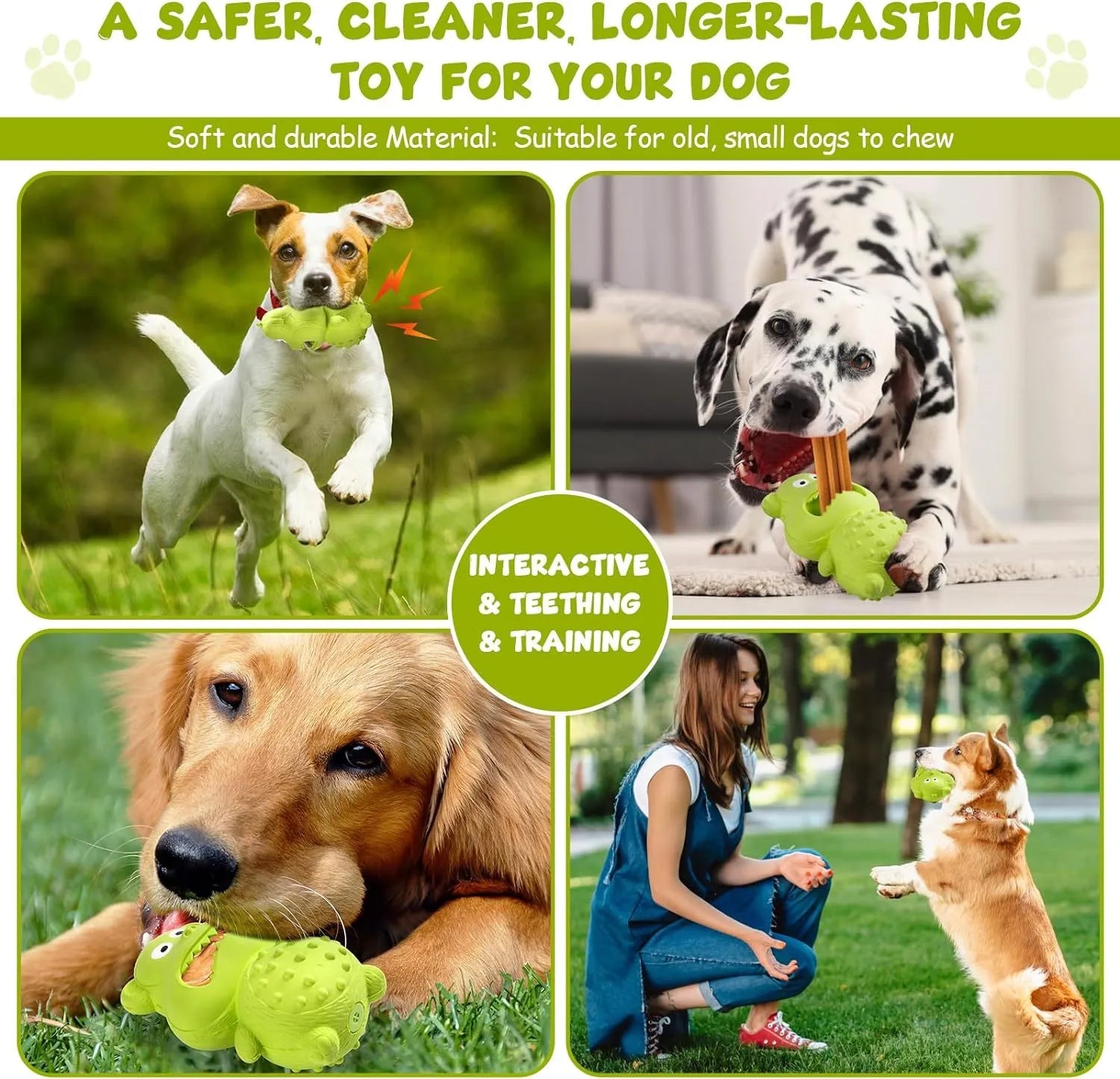 Green and yellow thick natural rubber squeaky dog chew toy for aggressive chewing dogs