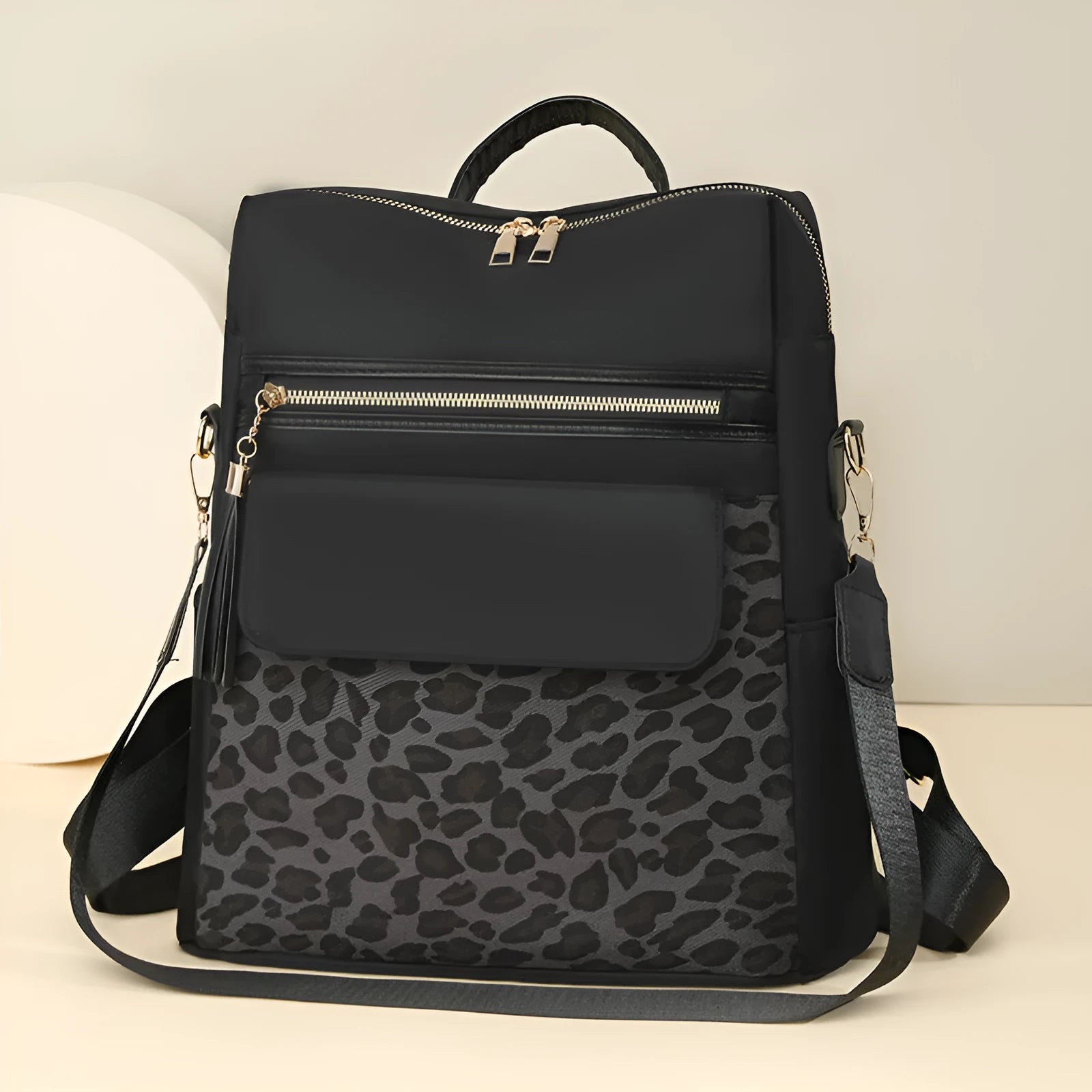 Leopard print women's large capacity nylon backpack in beige with stitching details
