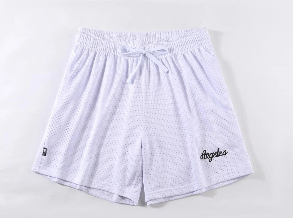 Men's black double-layer mesh sport shorts laid flat, showing mesh panelling and elasticated waistband.