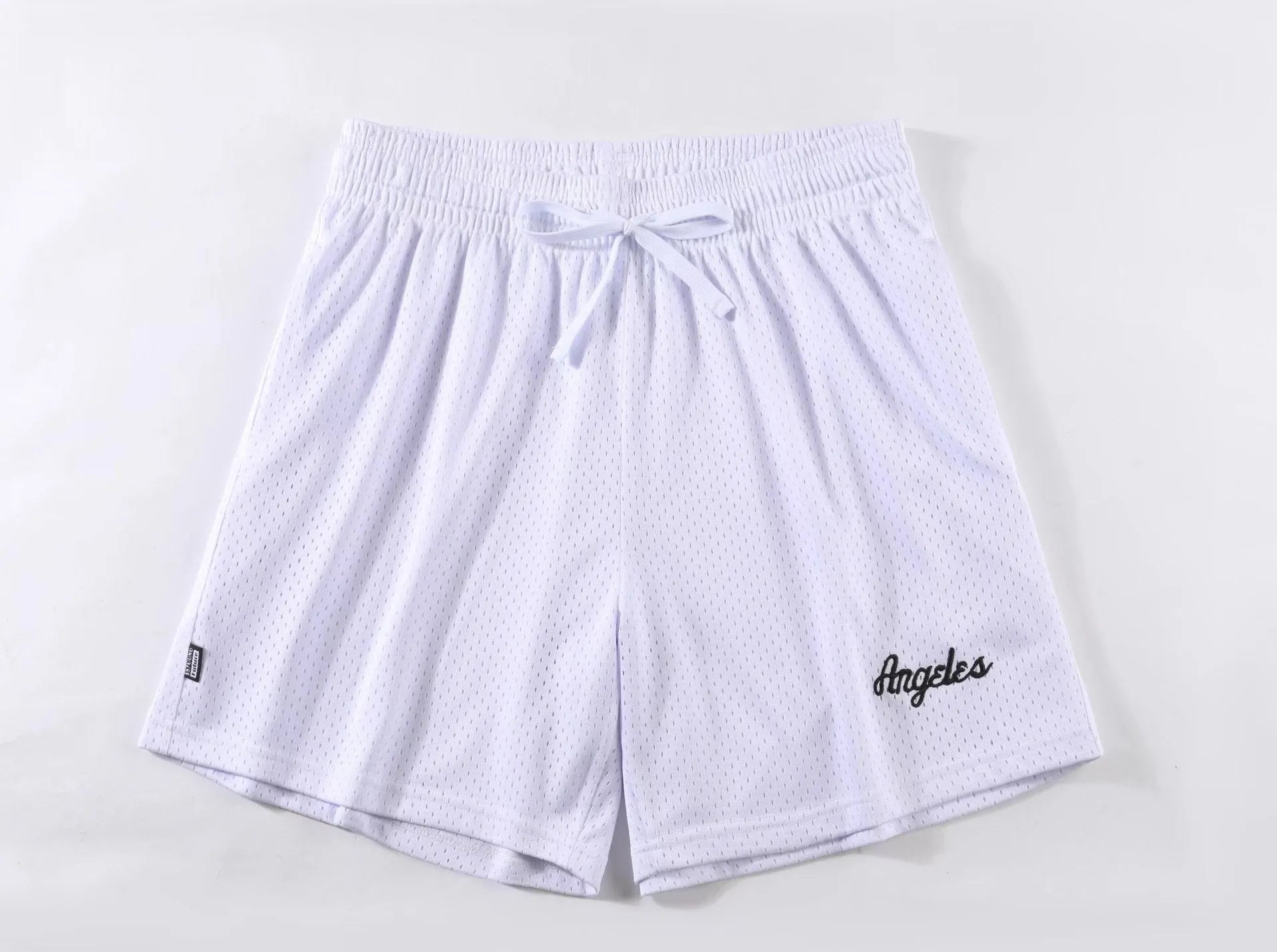 Men's black double-layer mesh sport shorts laid flat, showing mesh panelling and elasticated waistband.