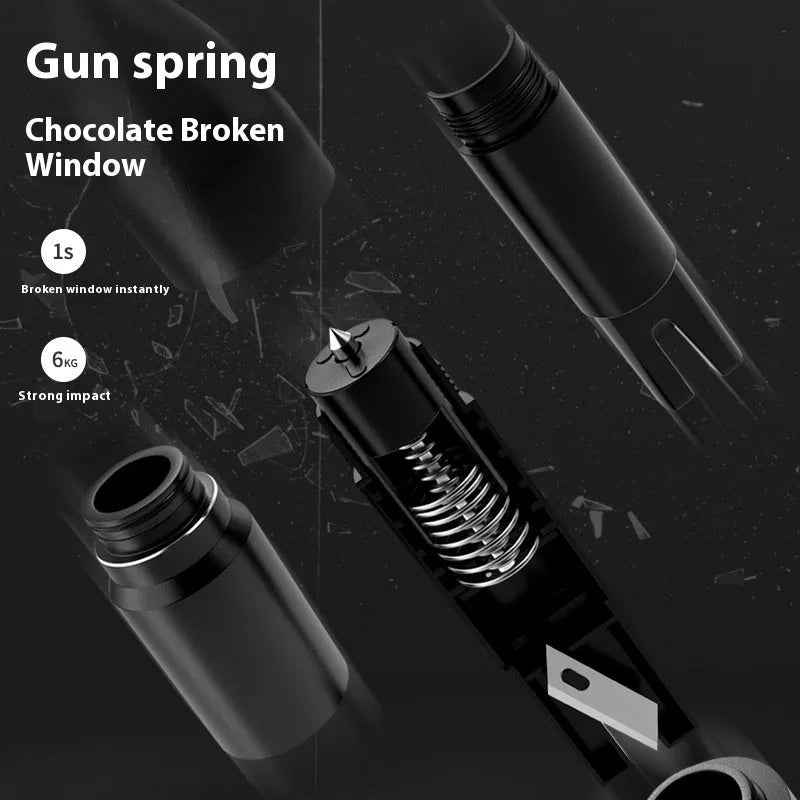 Aluminium alloy vehicle emergency window breaker tool with test glass on a table.