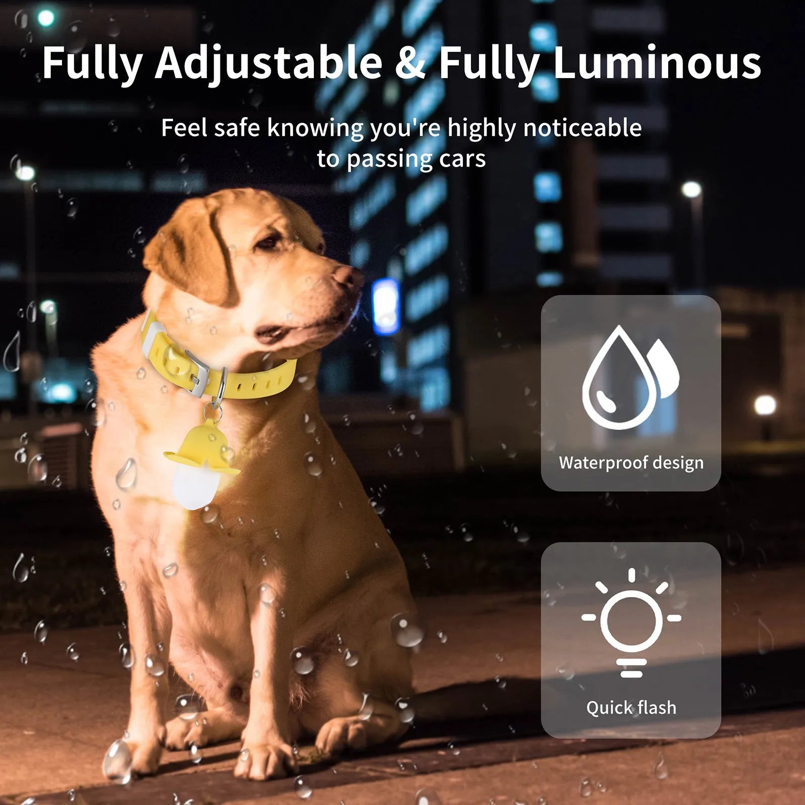 Yellow banana-shaped USB rechargeable pet collar light with geometry pattern for dog walking