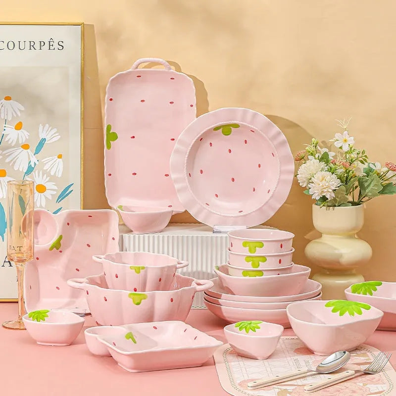 Creative strawberry cute porcelain dinnerware set with flower bowls, noodle bowl, plates, and twist spoon.