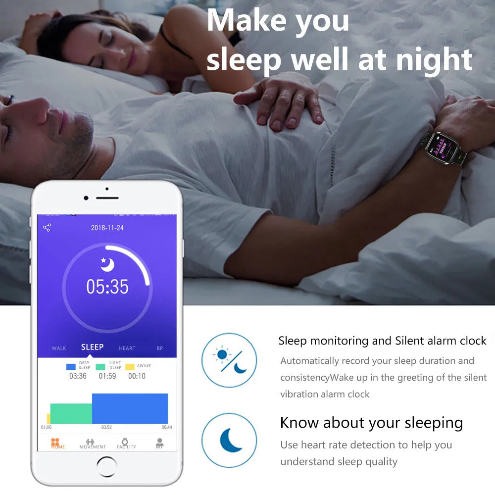 F16 smart watch with ECG monitoring for blood pressure and heart rate on silicone wristband